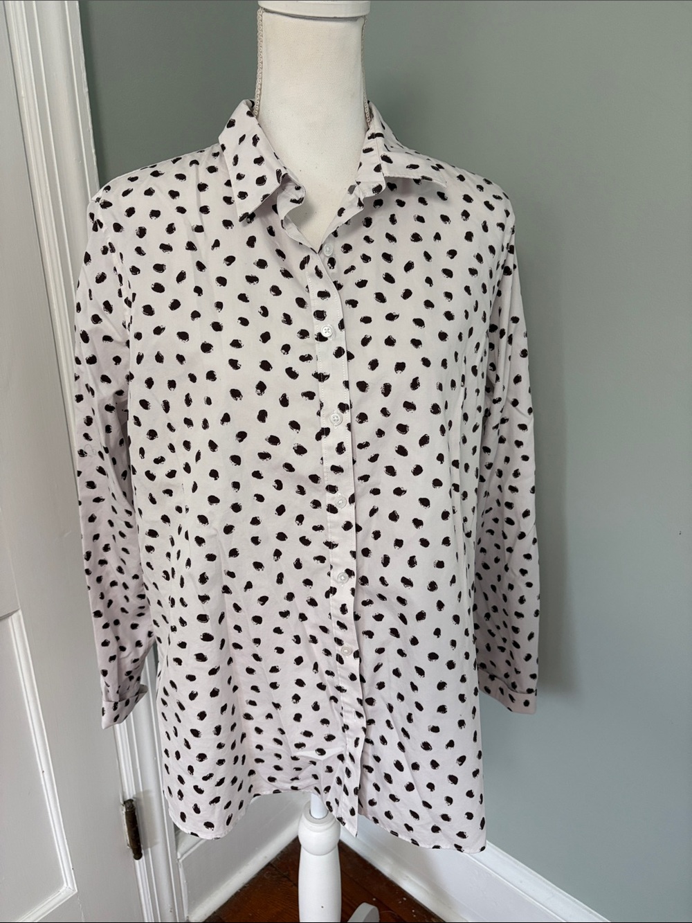 Lands' End White Button-Down Shirt Brown Dot Print Supima Cotton No Iron 16